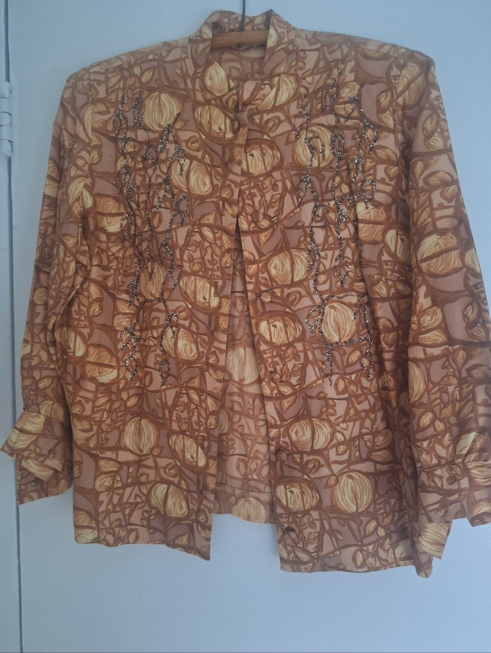 1950'S Embellished Patterned Button-Front Women’s Top in Warm Brown, S/M